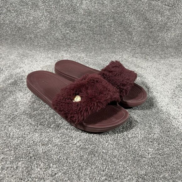 Crocs Shoes - Crocs Sloane Luxe 205968 Women’s Sz 10 Burgundy Faux Fur Gold Slide Mule Sandal